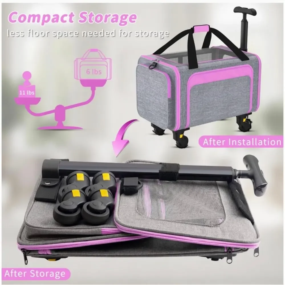 Rolling Pet Carrier with Detachable Wheels and Pull Bar